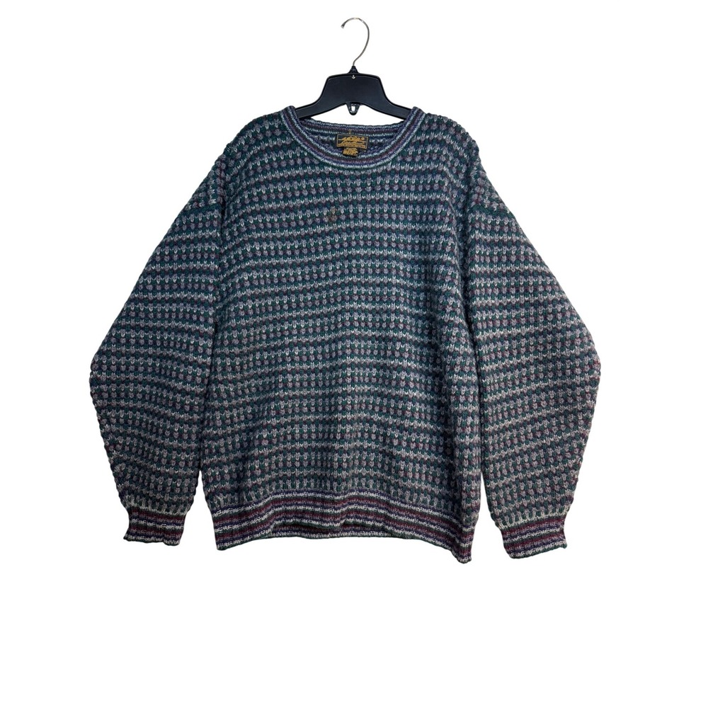 Eddie Bauer Men's 100% Wool Shetland Sweater L/G Green Plaid Crew Neck